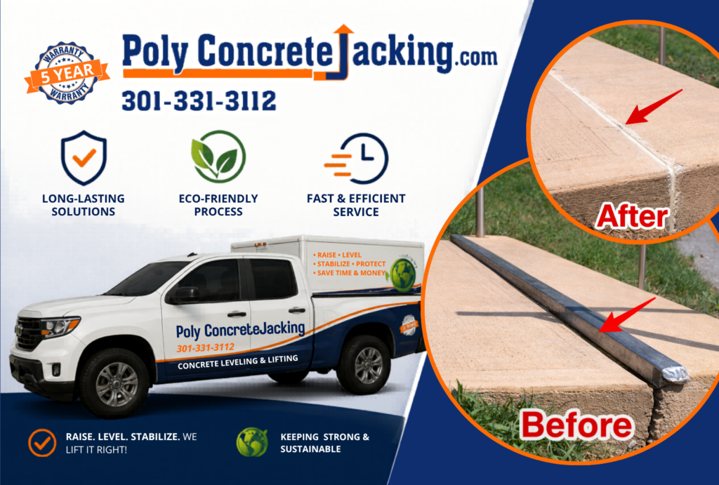 Advertisement banner for Poly Concrete Jacking with truck image, service icons (long-lasting solutions, eco-friendly process, fast service) and a before/after concrete lifting photo collage; includes 5-year warranty badge and contact number 301-331-3112.