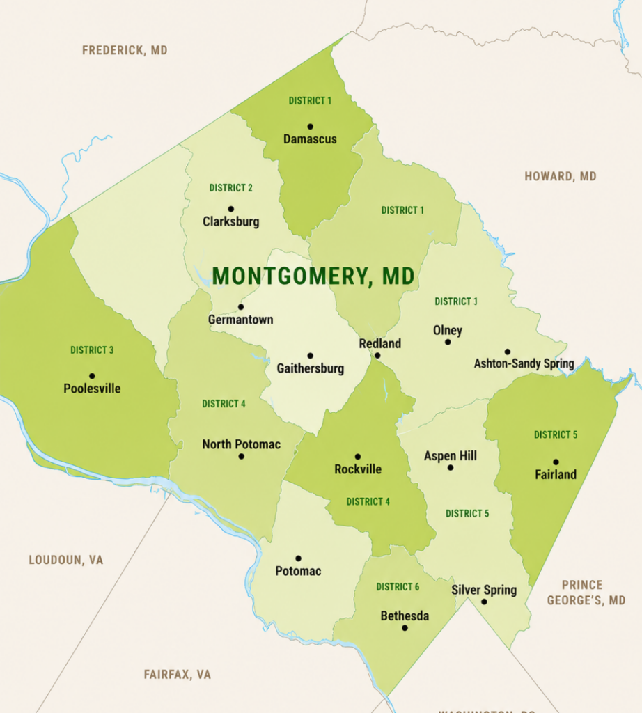 Map of Montgomery County, MD showing districts and towns such as Damascus, Germantown, Gaithersburg, Rockville, Olney, Bethesda, Silver Spring, and Potomac with color-coded district borders.