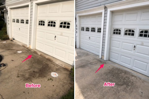 Before and after concrete leveling service in Brookeville, Maryland showing lifted and stabilized surface