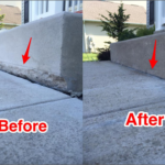 Before and after concrete leveling service in Clarksburg, Maryland showing lifted and stabilized surface