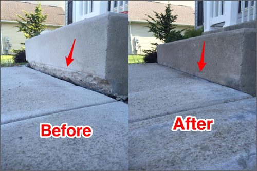 Before and after concrete leveling service in Clarksburg, Maryland showing lifted and stabilized surface