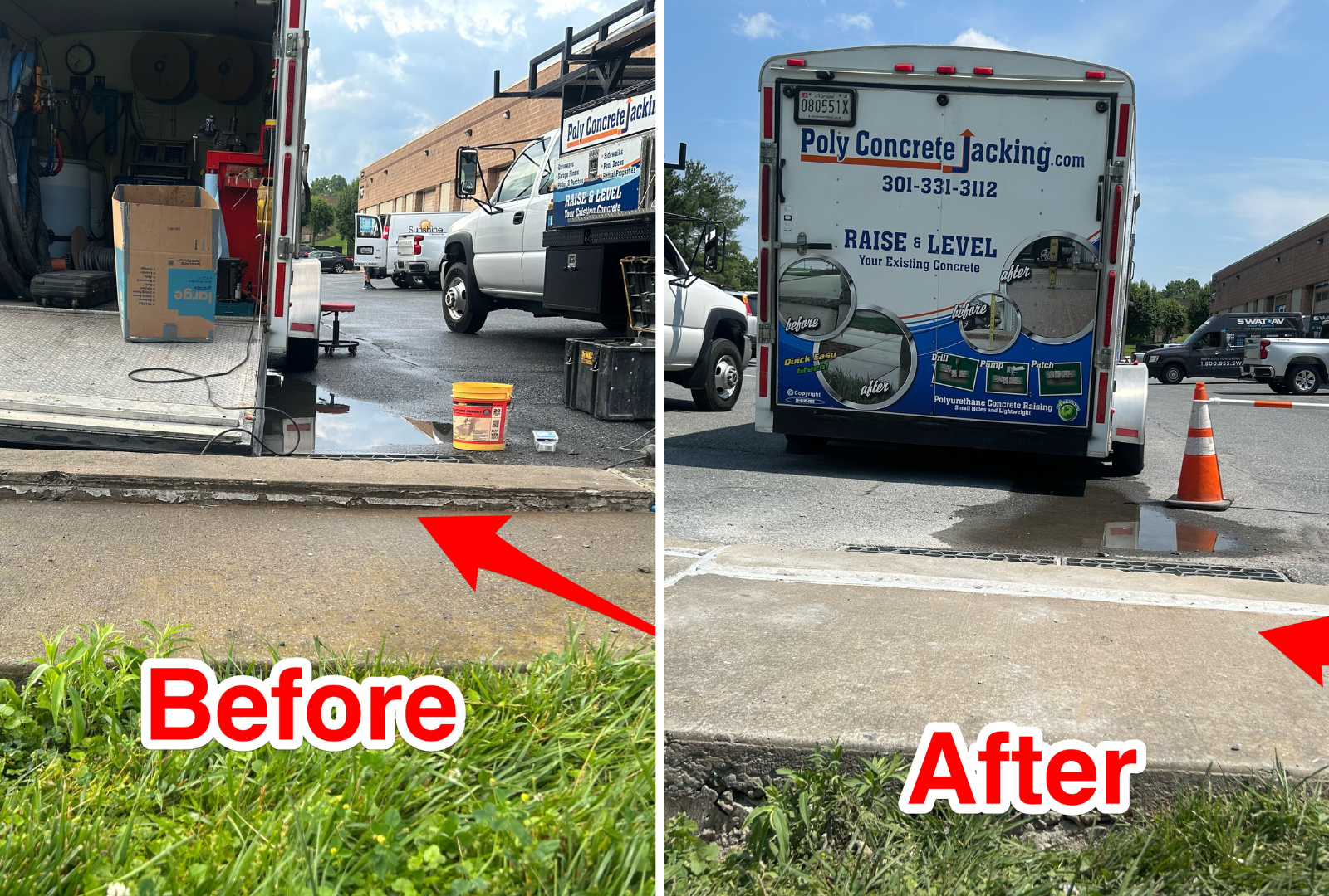 Before and after concrete leveling service in Comus, Maryland showing lifted and stabilized surface