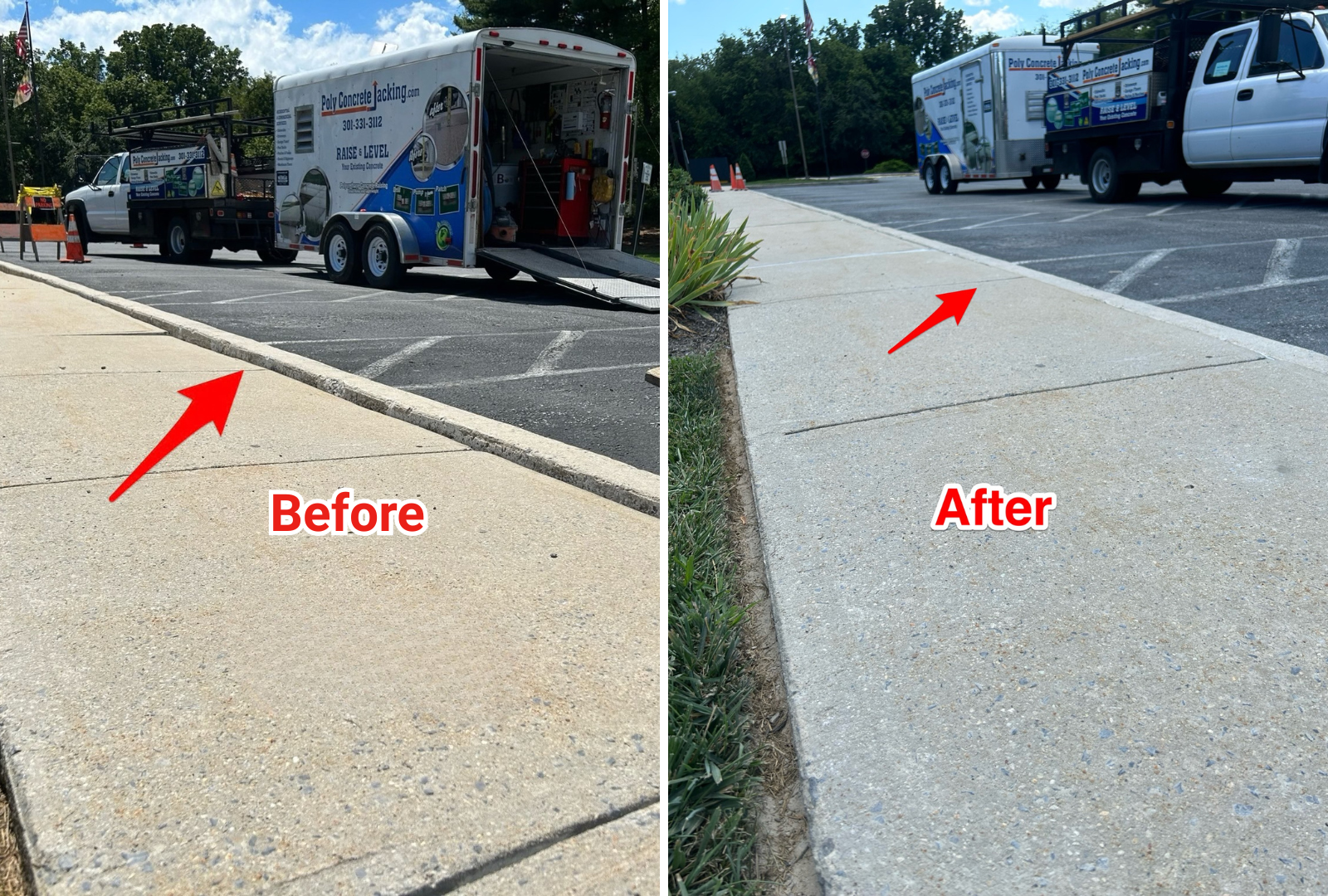 Before and after concrete leveling service in Gaithersburg, Maryland showing lifted and stabilized surface