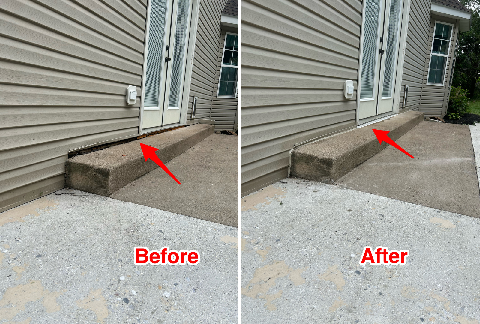 Before and after concrete leveling service in Garrett Park, Maryland showing lifted and stabilized surface