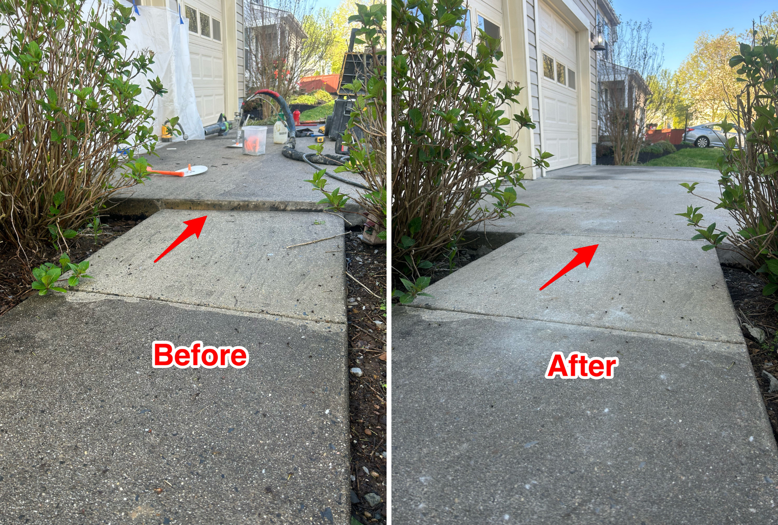Before and after concrete leveling service in Glen Echo, Maryland showing lifted and stabilized surface