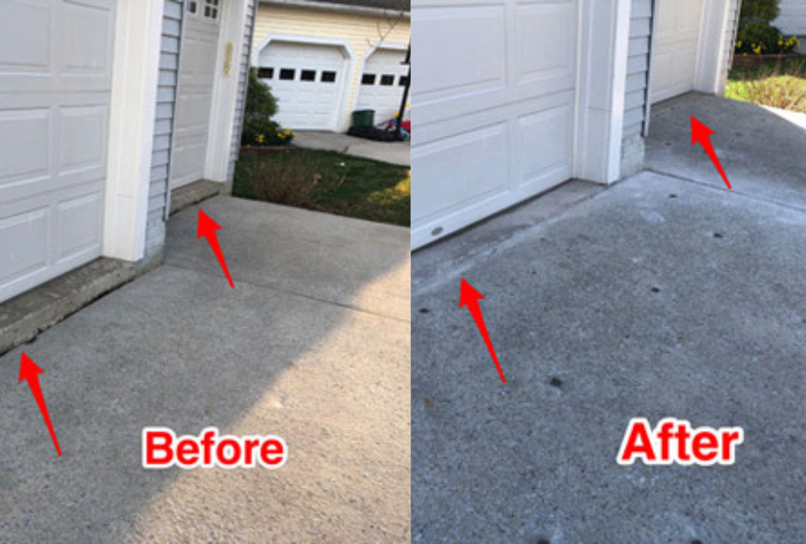 Before and after concrete leveling service in Glenmont, Maryland showing lifted and stabilized surface